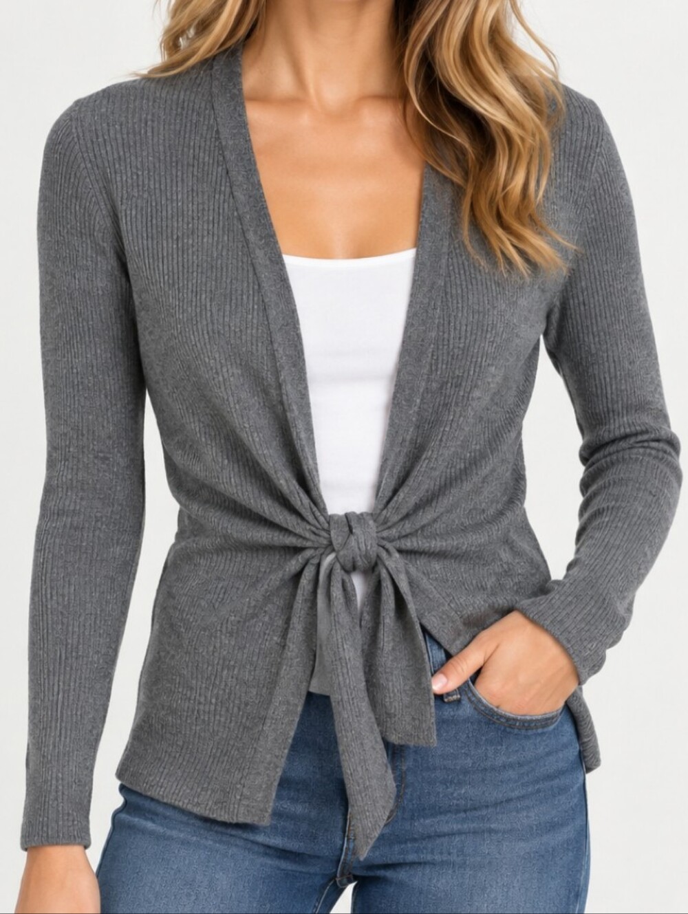 Cache XS Charcoal Grey Sweater Cardigan Tie Front Nylon Viscose Cashmere